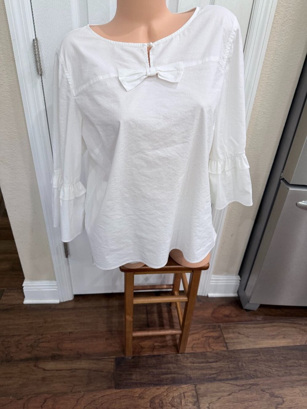Talbots Petites XL White Bow Blouse Ruffle Bell Sleeve Cotton Blend